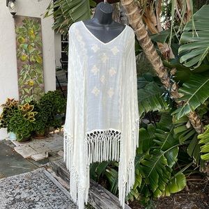 Patchwork embroidered and net silky fringed poncho